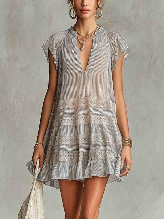 Striped Chiffon Mini Dress With Lace Trim And Ruffle Hem
