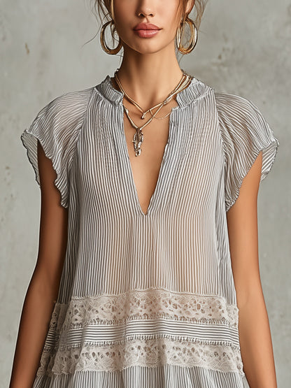 Striped Chiffon Mini Dress With Lace Trim And Ruffle Hem