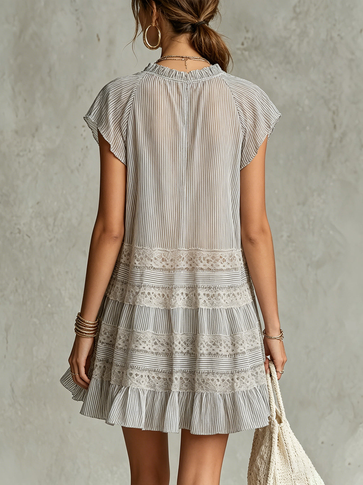 Striped Chiffon Mini Dress With Lace Trim And Ruffle Hem