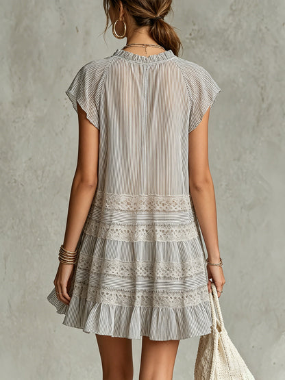 Striped Chiffon Mini Dress With Lace Trim And Ruffle Hem
