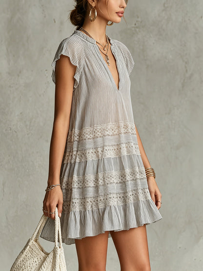 Striped Chiffon Mini Dress With Lace Trim And Ruffle Hem