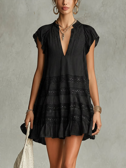 Striped Chiffon Mini Dress With Lace Trim And Ruffle Hem