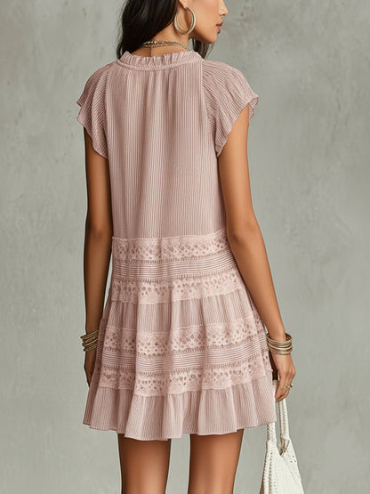 Striped Chiffon Mini Dress With Lace Trim And Ruffle Hem