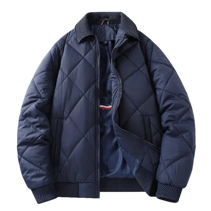 Hayes Diamond Quilt Bomber Jacket featuring Knit Trim and Striped Inner Lining