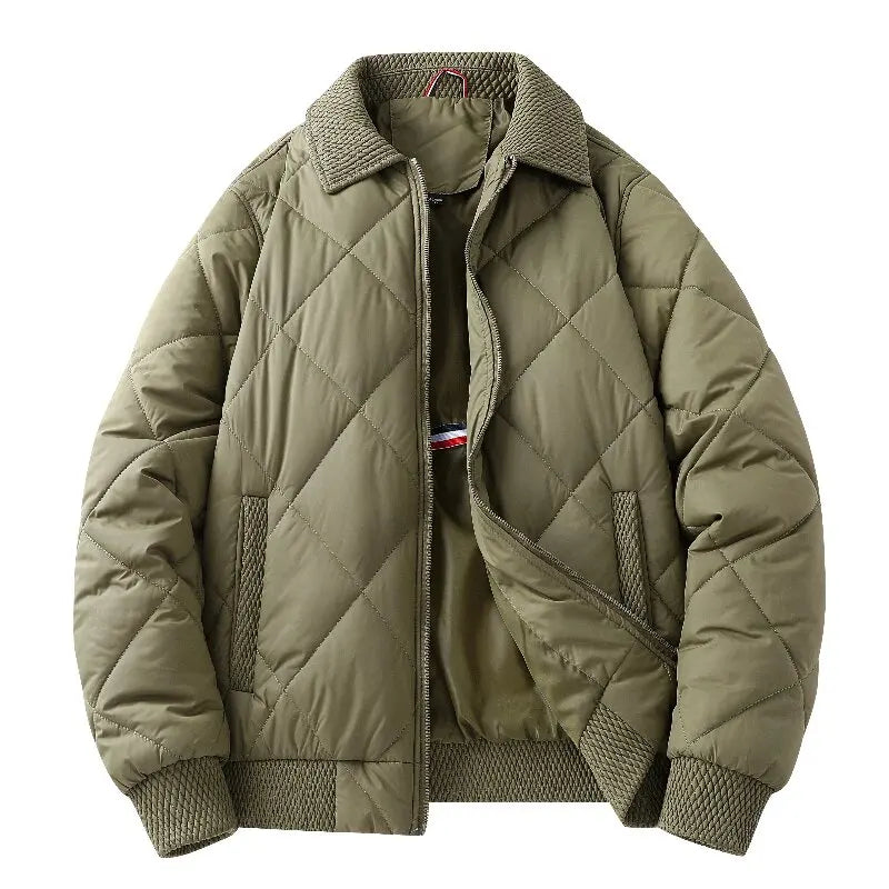 Hayes Diamond Quilt Bomber Jacket featuring Knit Trim and Striped Inner Lining