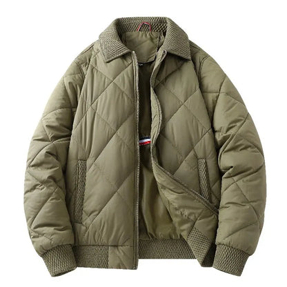 Hayes Diamond Quilt Bomber Jacket featuring Knit Trim and Striped Inner Lining